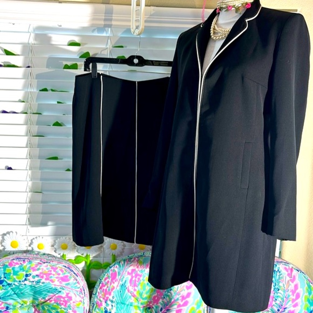 Basel Woman Collection long black jacket skirt suit with white piping